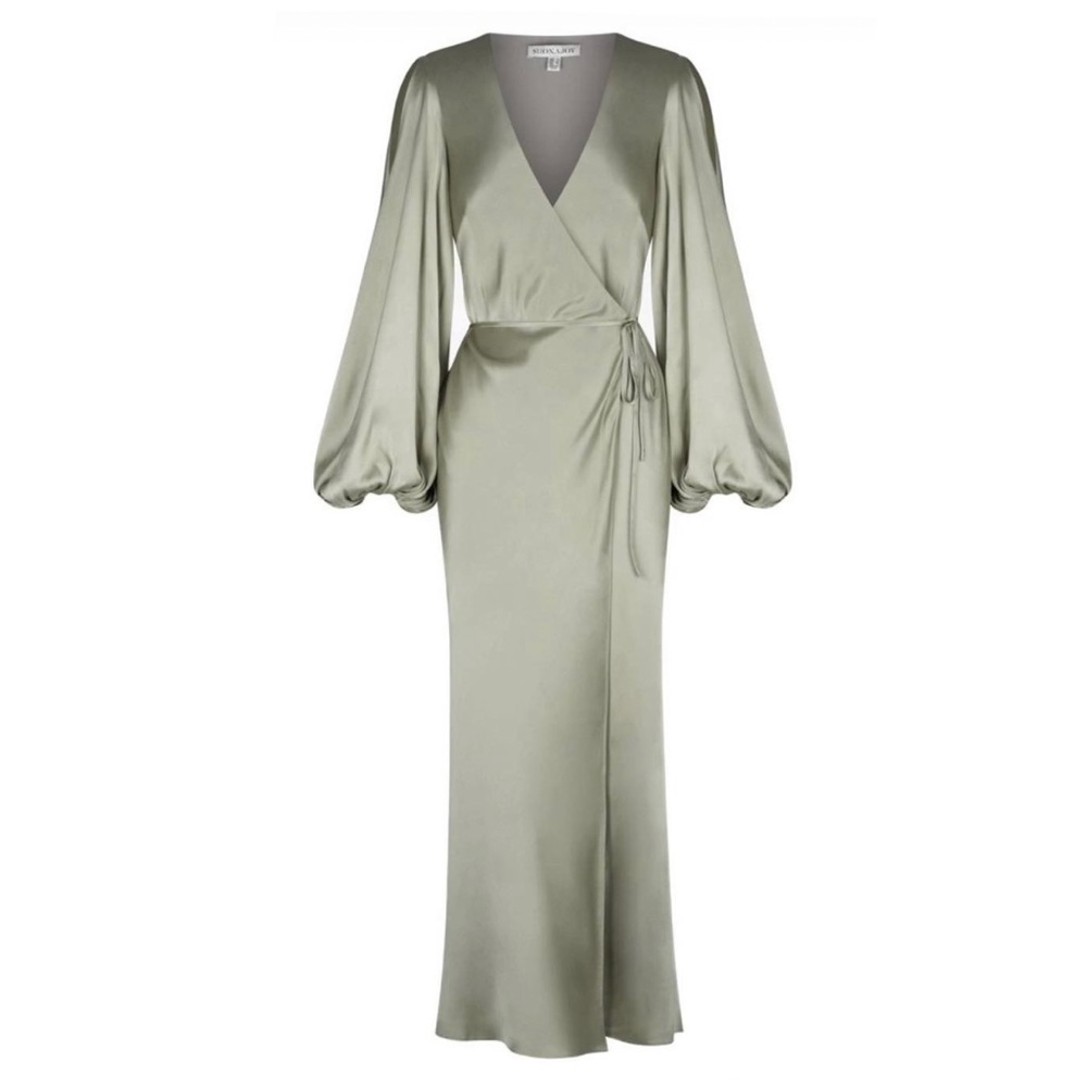 Shona Joy Sage Green Satin Wrap Maxi Dress